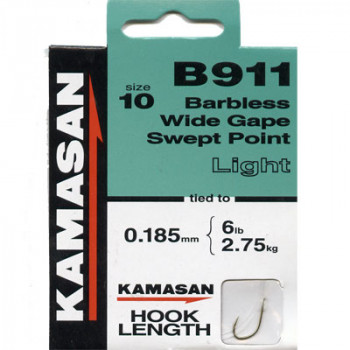 Kamasan B911 Hooks To Nylon Barbless wide gape swept point (light) Size 10