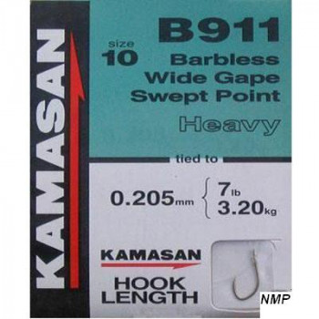 Kamasan B911 Hooks To Nylon Barbless wide gape swept point (heavy) Size 10
